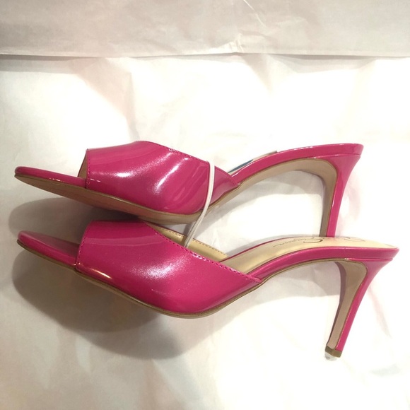 Jessica Simpson pozette‎ pink patent fuchsia open toe mule heels size 10 new - Picture 1 of 13